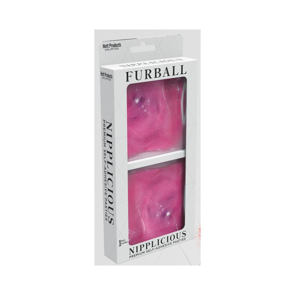Nipplicious Furball Pasties Pink Faux Feather packaging view, showcasing vibrant pink faux feathers for a playful look.