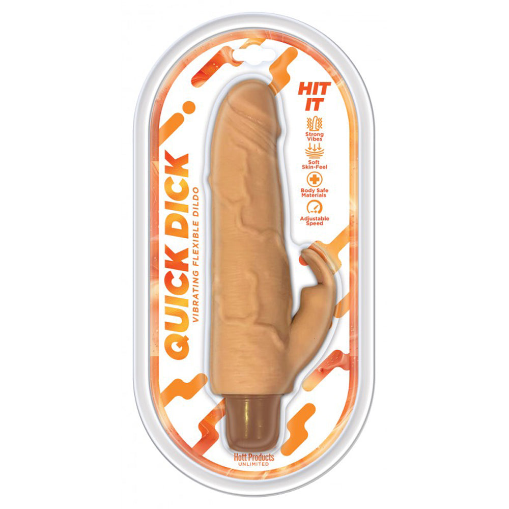 Quick Dick Hit It Vibrating Dildo packaged with realistic design and clitoral stimulator for customized pleasure.