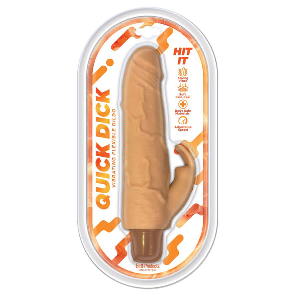 Quick Dick Hit It Vibrating Dildo packaged with realistic design and clitoral stimulator for customized pleasure.