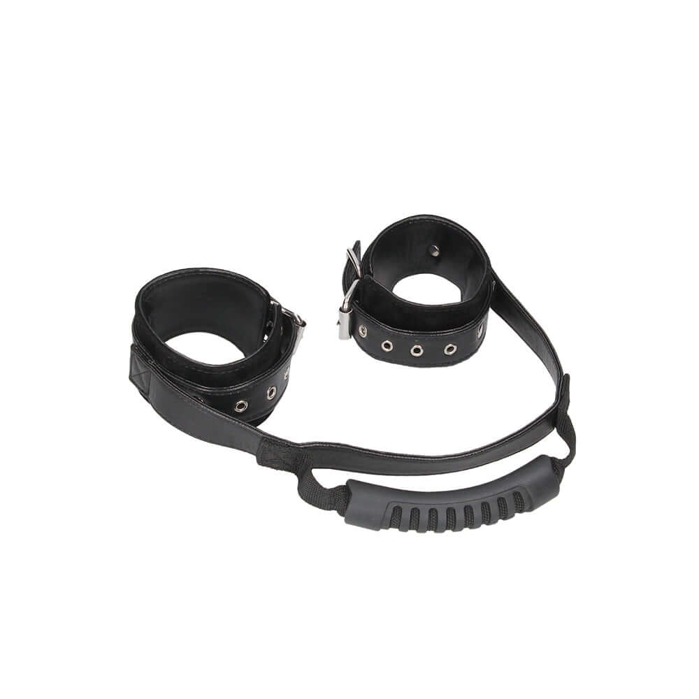 Ouch! Black & White Adjustable Bonded Leather Wrist Cuffs With Handle Black
