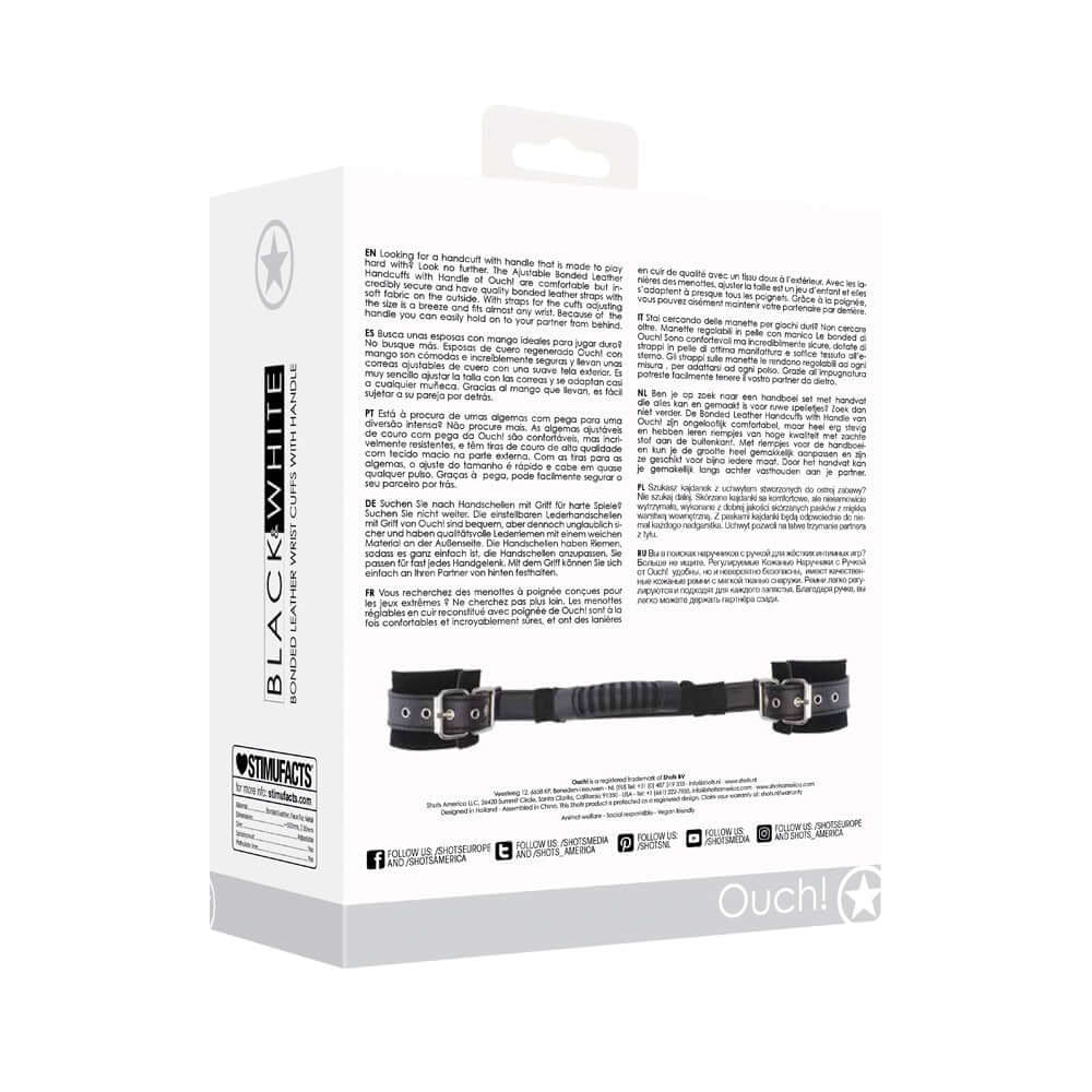 Ouch! Black & White Adjustable Bonded Leather Wrist Cuffs With Handle Black