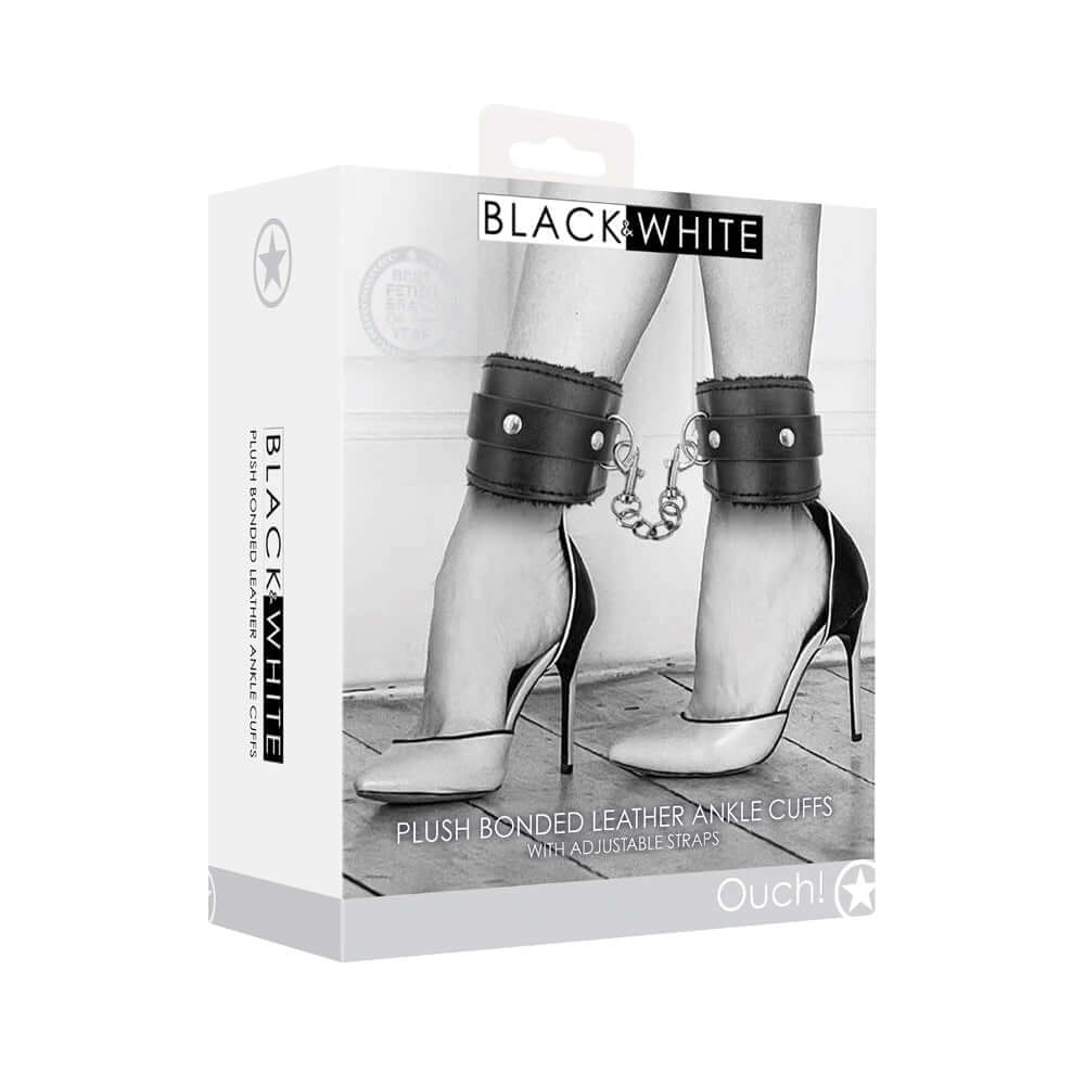 Black & White Adjustable Plush Bonded Leather Ankle Cuffs Black box with cuffs shown on stylish high heels.