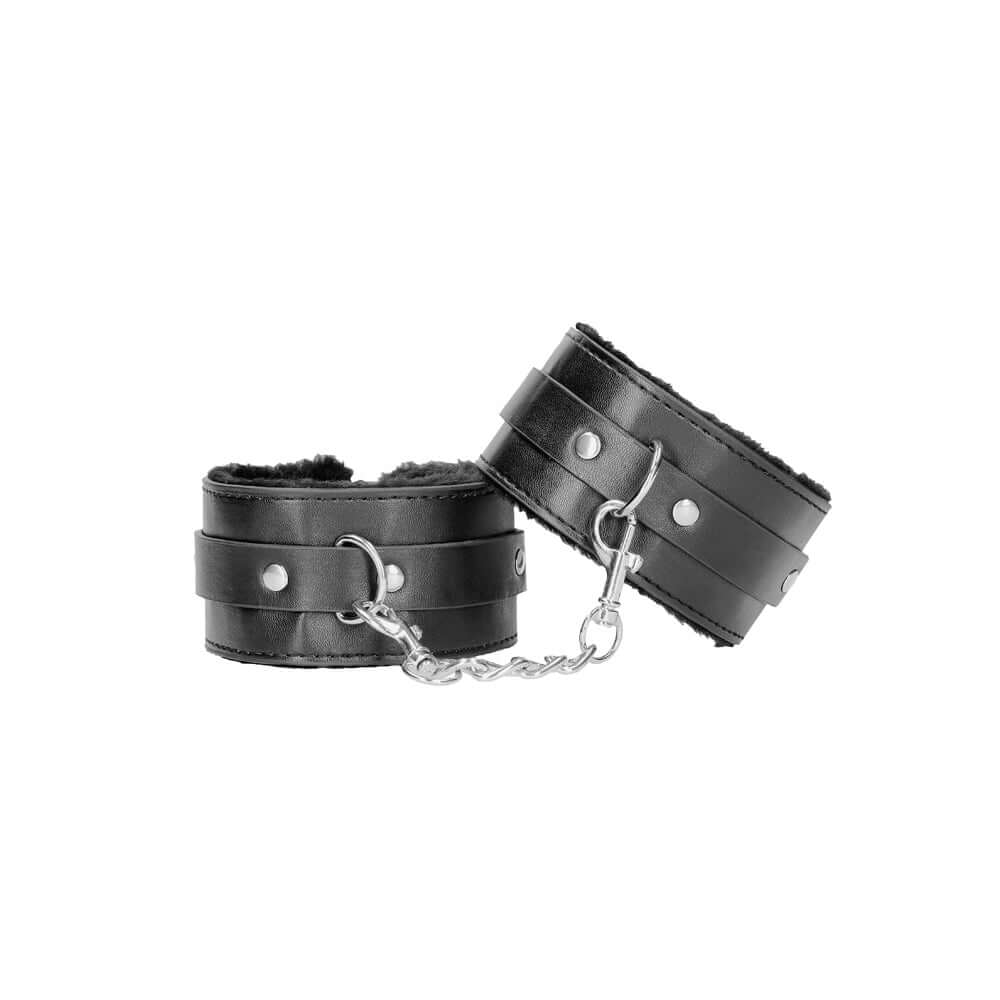 Black & White Adjustable Plush Bonded Leather Ankle Cuffs Black with shiny silver chain and soft lining.