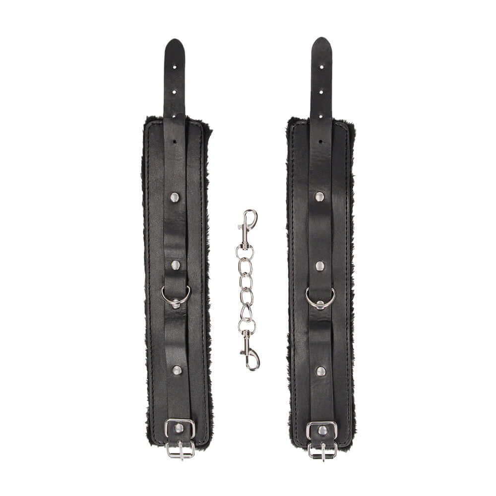 Black & White Adjustable Plush Bonded Leather Ankle Cuffs Black with chain attachment for secure fit.