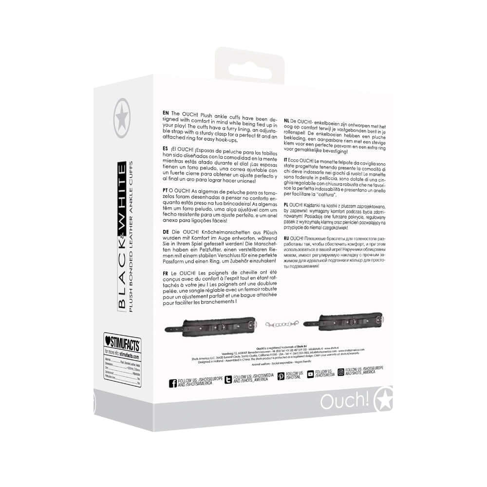 Black & White Adjustable Plush Bonded Leather Ankle Cuffs Black product packaging with multiple language instructions