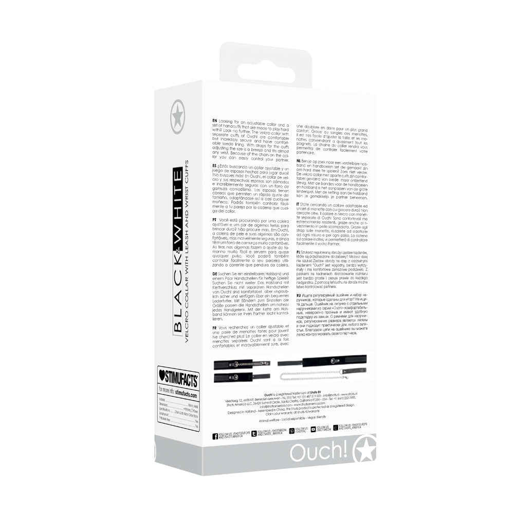 Ouch! Black & White Adjustable Velcro Collar With Leash & Wrist Cuffs Black