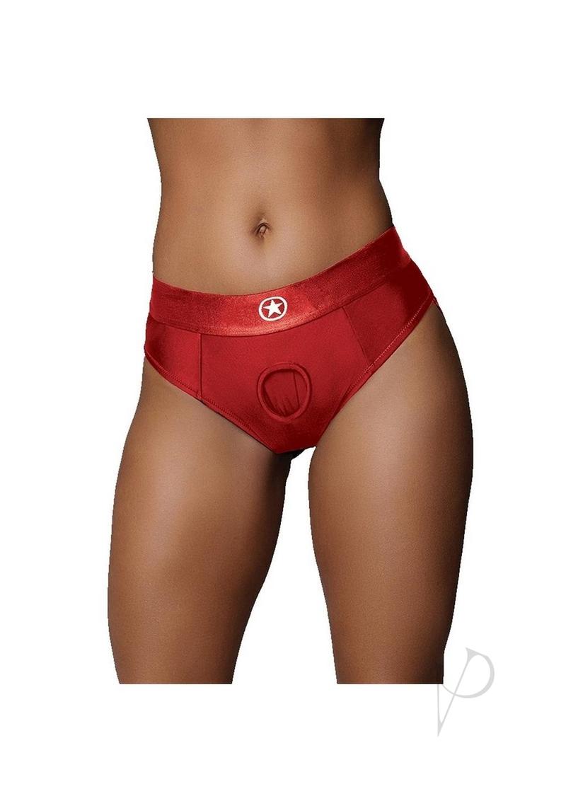 Ouch Vibrating Strap-On Thong with Bullet M L Red shown on model, highlighting its design and features.