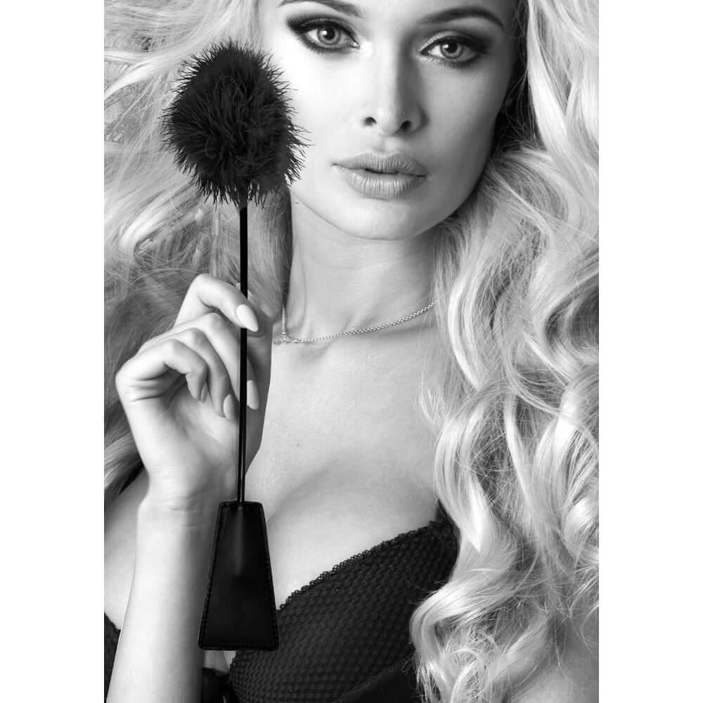 Ouch! Black & White Dual-Ended Crop With Feather Tickler Black