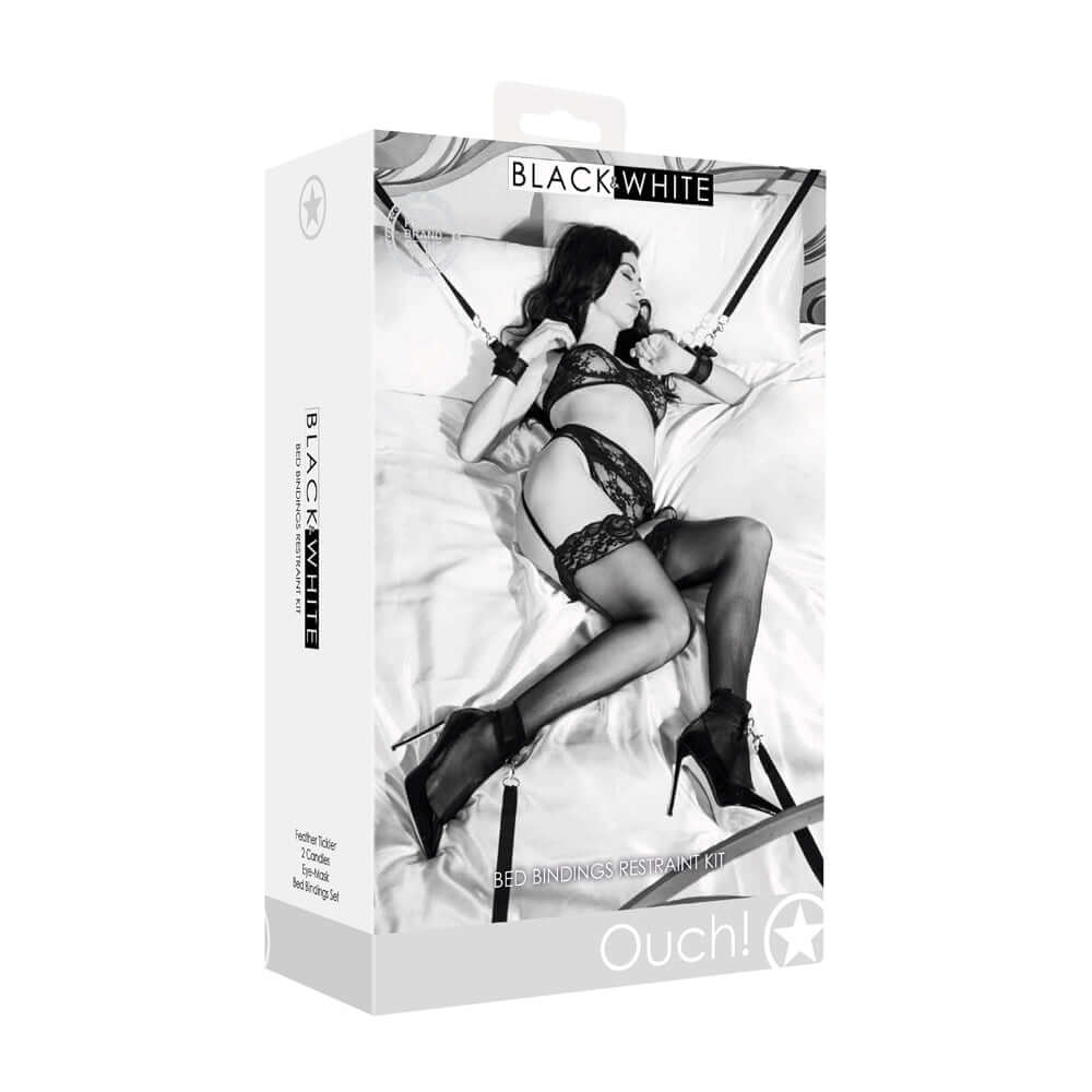 Black & White Bed Bindings Restraint Kit Black packaging featuring a model on a bed.
