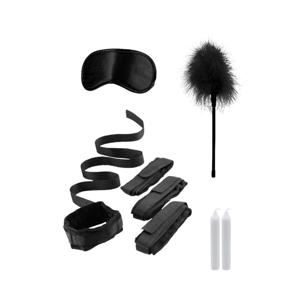 Black & White Bed Bindings Restraint Kit Black components including masks, restraints, and accessories.