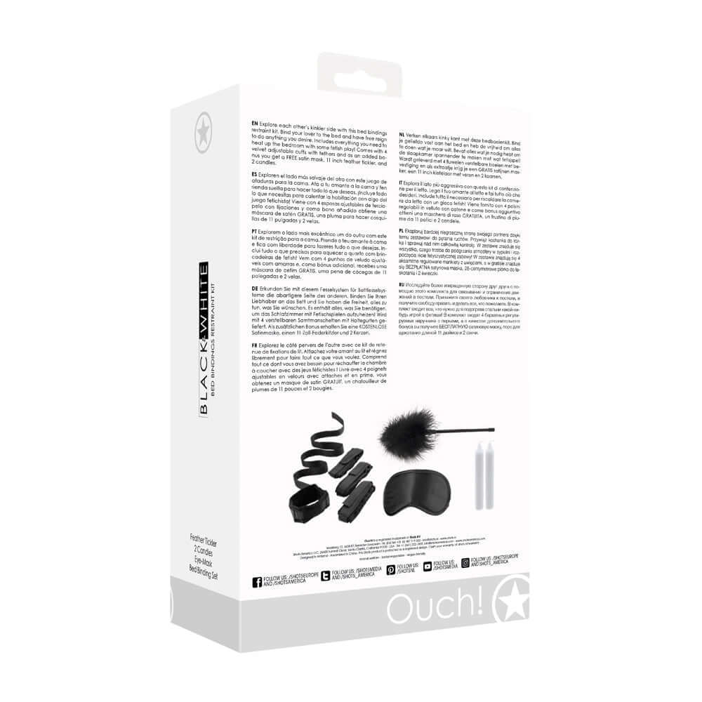 Black & White Bed Bindings Restraint Kit Black packaging displaying components for secure and comfortable experiences.