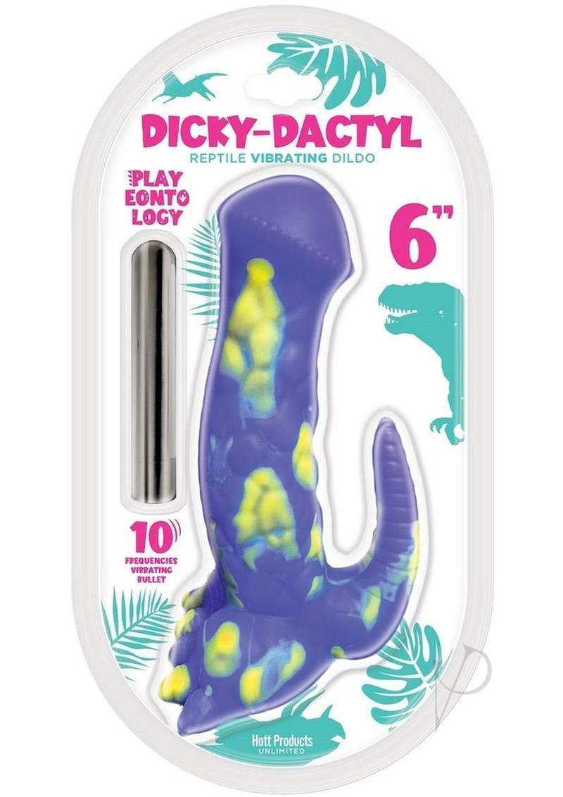 Playeontology Dickydactyl 6 Inch Vibrating Dildo Purple packaging with vibrant colors and dinosaur design.