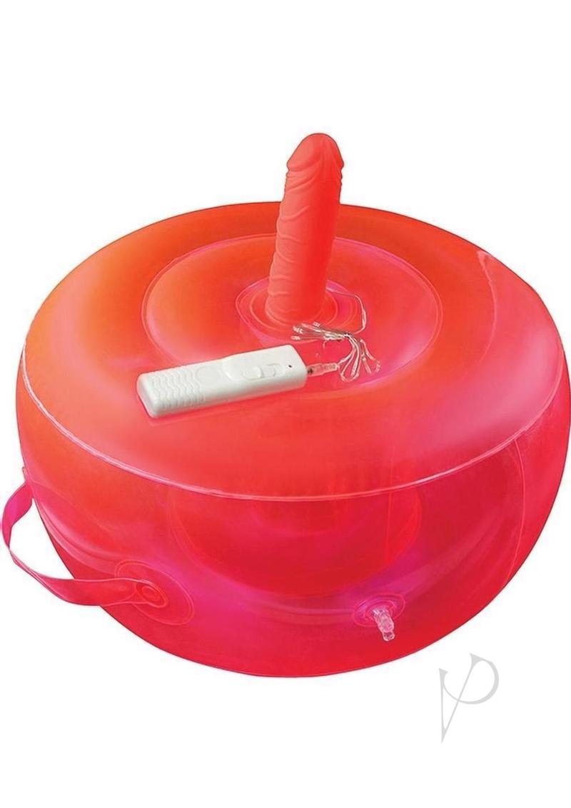 Bouncy Banger Inflatable Cushion with Vibrating Dildo Red featuring a clear inflatable design and remote control.