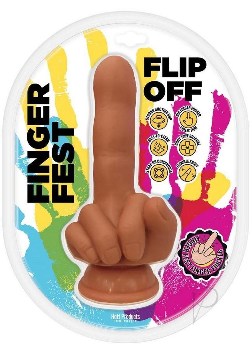 Finger Fest Flip Off Silicone Dildo Caramel package featuring a unique finger design and vibrant colors.