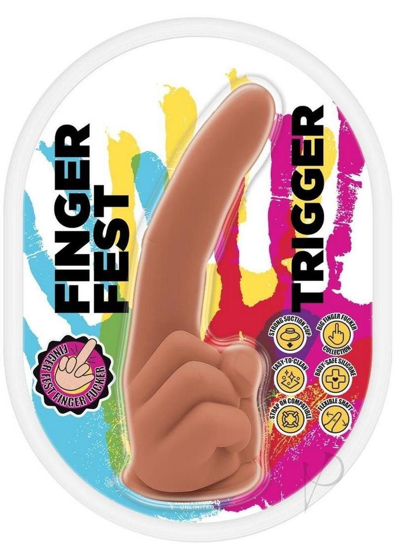 Finger Fest Trigger Silicone Dildo Caramel packaging featuring a lifelike finger design and vibrant colors.