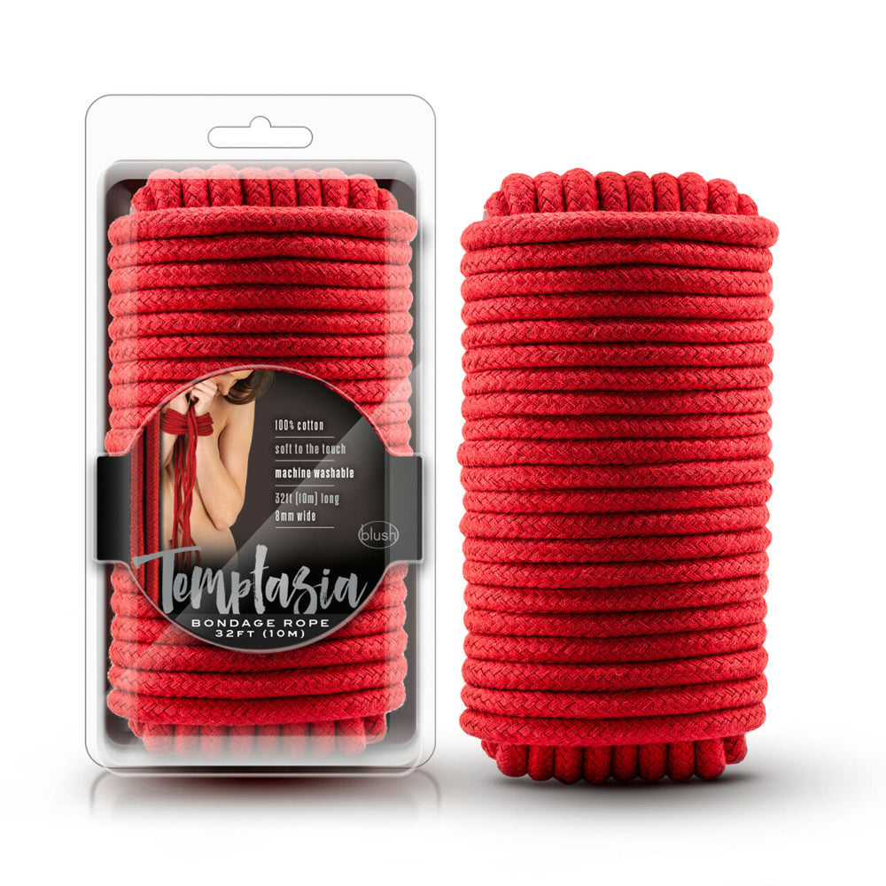 Blush Temptasia Bondage Rope 32ft Cotton Red in packaging, soft cotton rope for secure restraint play.