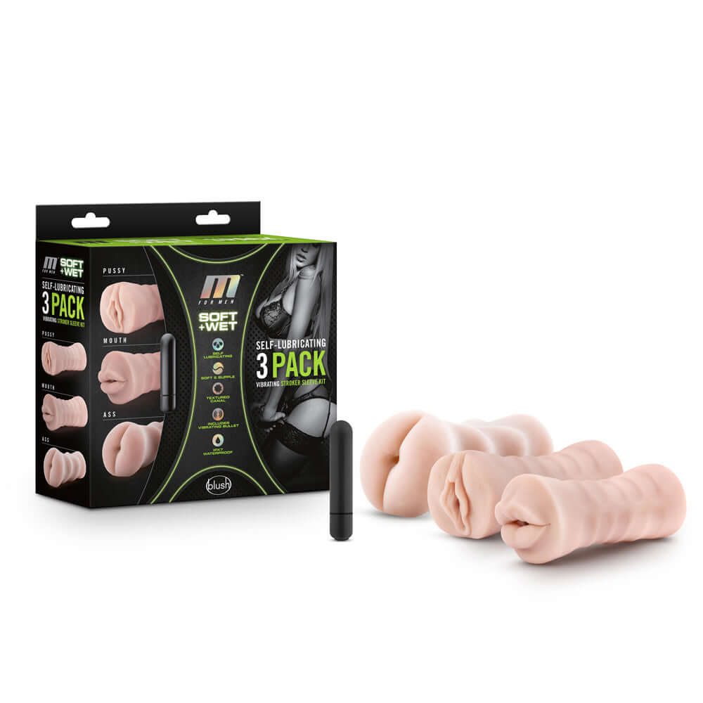 M For Men 3 Pack Self-lubricating Vibrating Stroker Sleeve Kit Vanilla with three sleeves and a vibrating device.