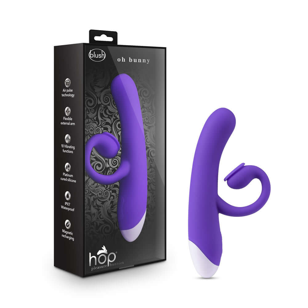 Hop Oh Bunny Air Pulse Massager Midnight in stylish packaging showcasing its dual stimulation features.