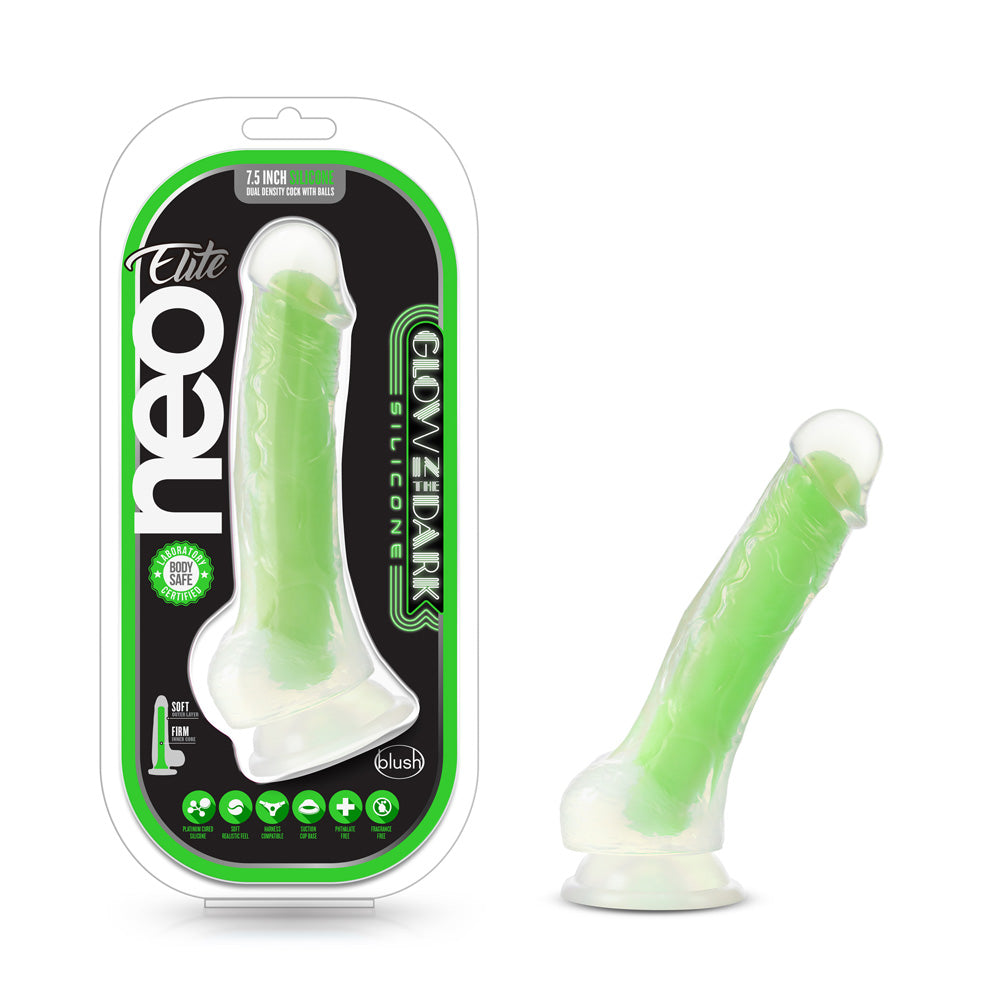 Neo Elite Glow in the Dark 7.5 Inch Dildo Neon Green with packaging, showcasing its dual density design and glow feature.