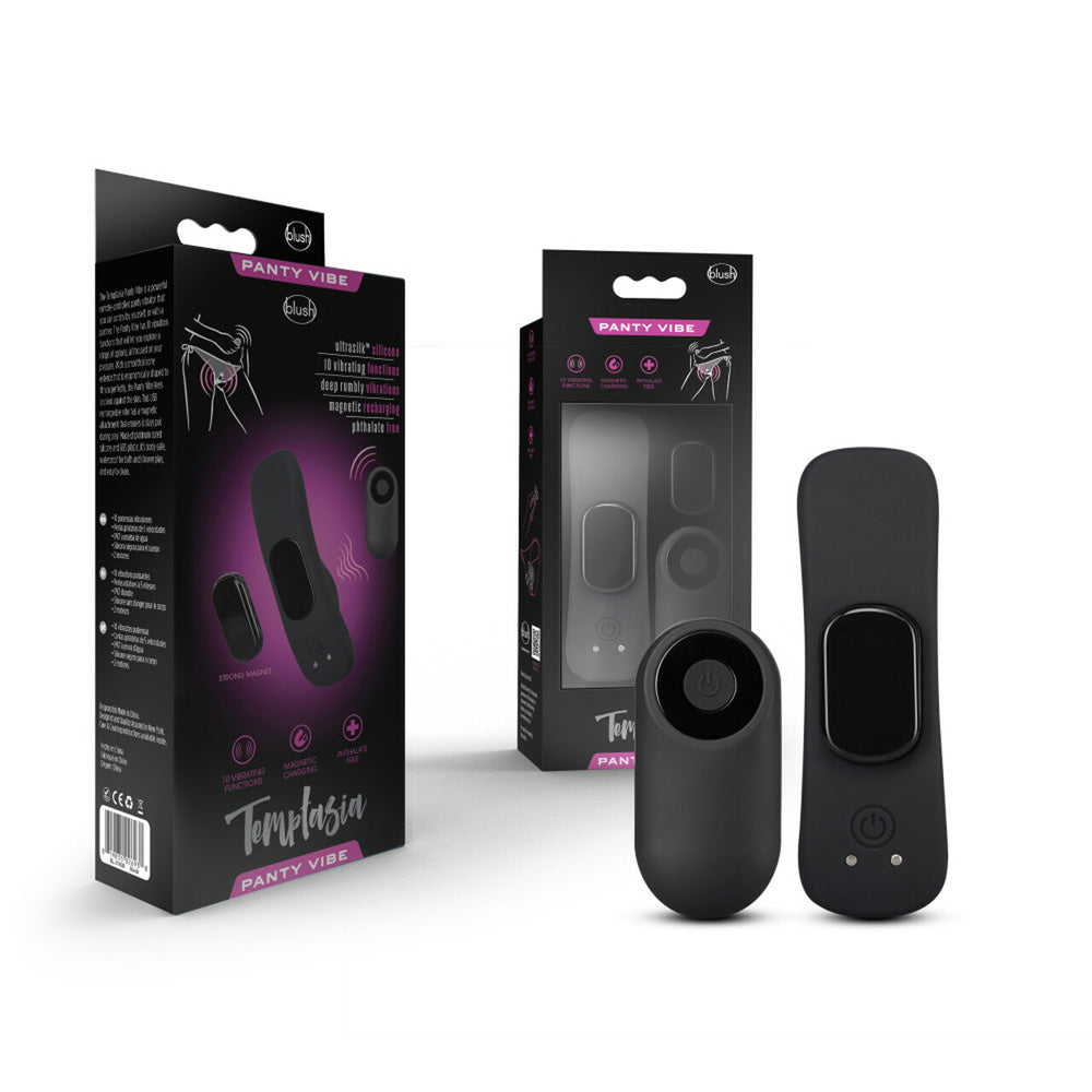 Temptasia Remote Control Panty Vibe Black packaging and product with remote control features displayed.