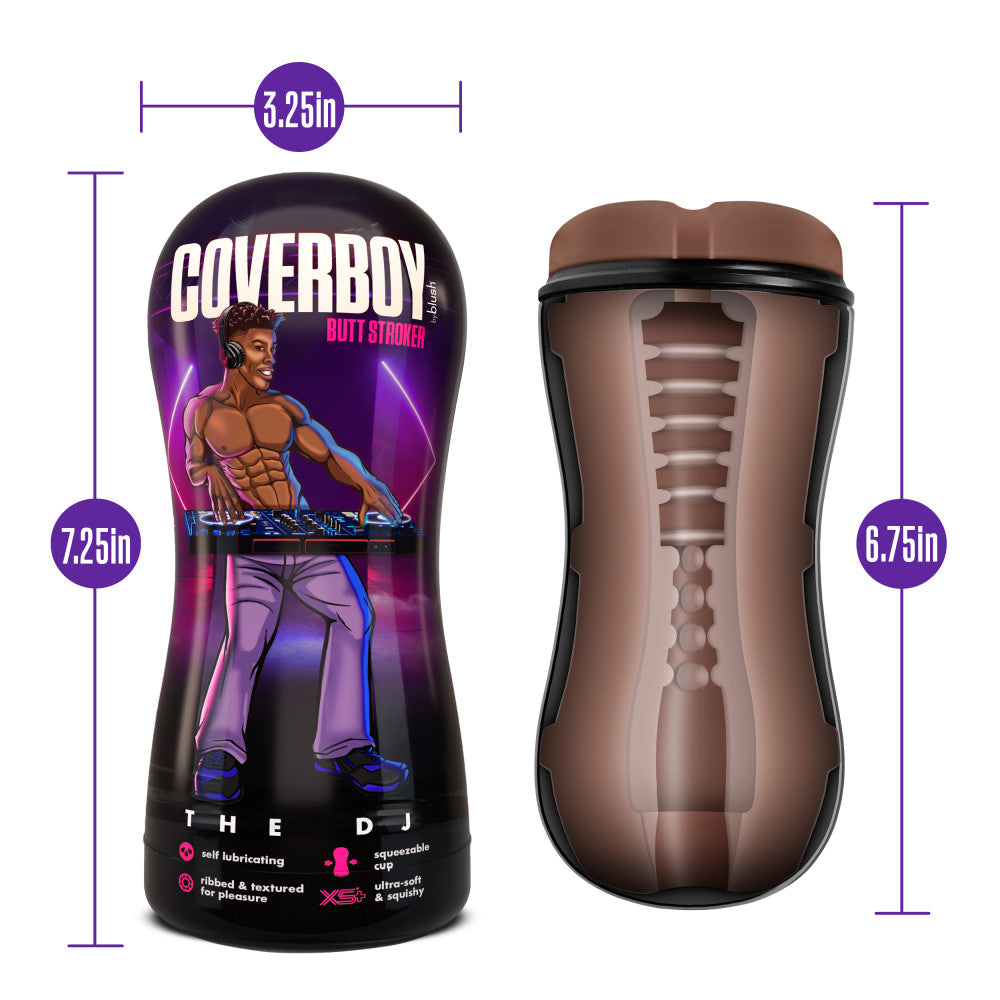 Coverboy The DJ Self Lubricating Anal Stroker Brown with measurements and design features.