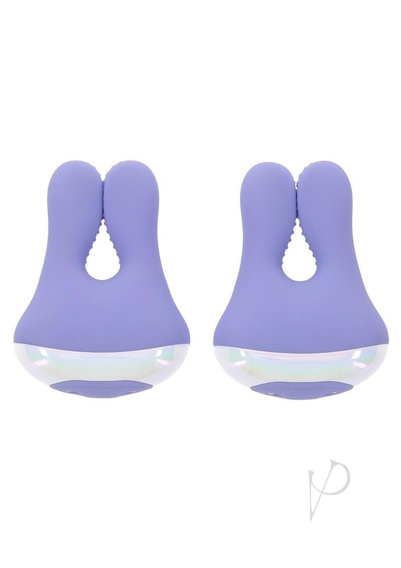 Playboy In A Pinch Nipple Clamps Purple silicone bunny-shaped nipple clamps for playful stimulation.