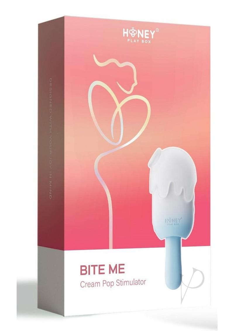 Bite Me Cream Pop Silicone Air Pulse Stimulator Blue packaging featuring playful design and features.