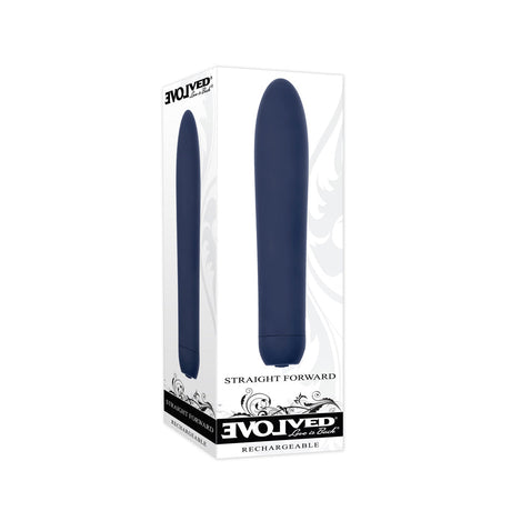 Straight Forward Rechargeable Silicone Vibrator Blue in elegant packaging showcasing its sleek design.