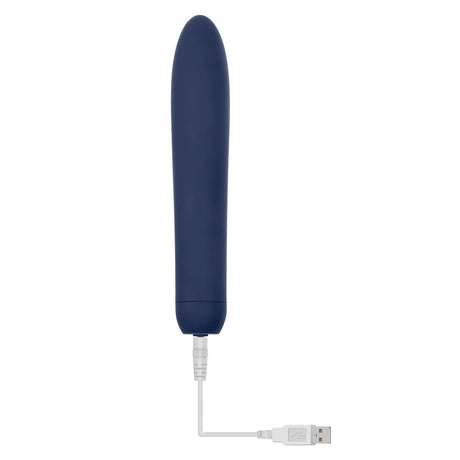 Straight Forward Rechargeable Silicone Vibrator Blue with USB charging cable, sleek design, and body-safe silicone material.