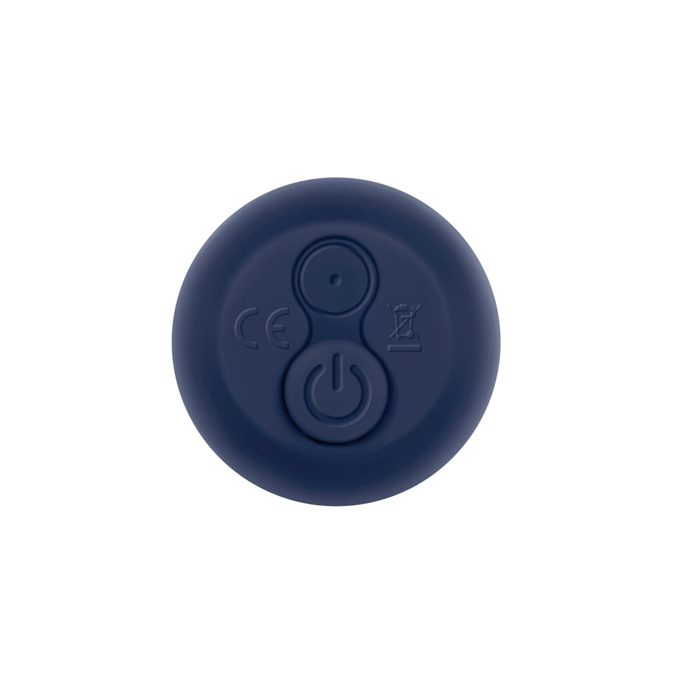 Power button of the Straight Forward Rechargeable Silicone Vibrator Blue, featuring easy-to-use design.