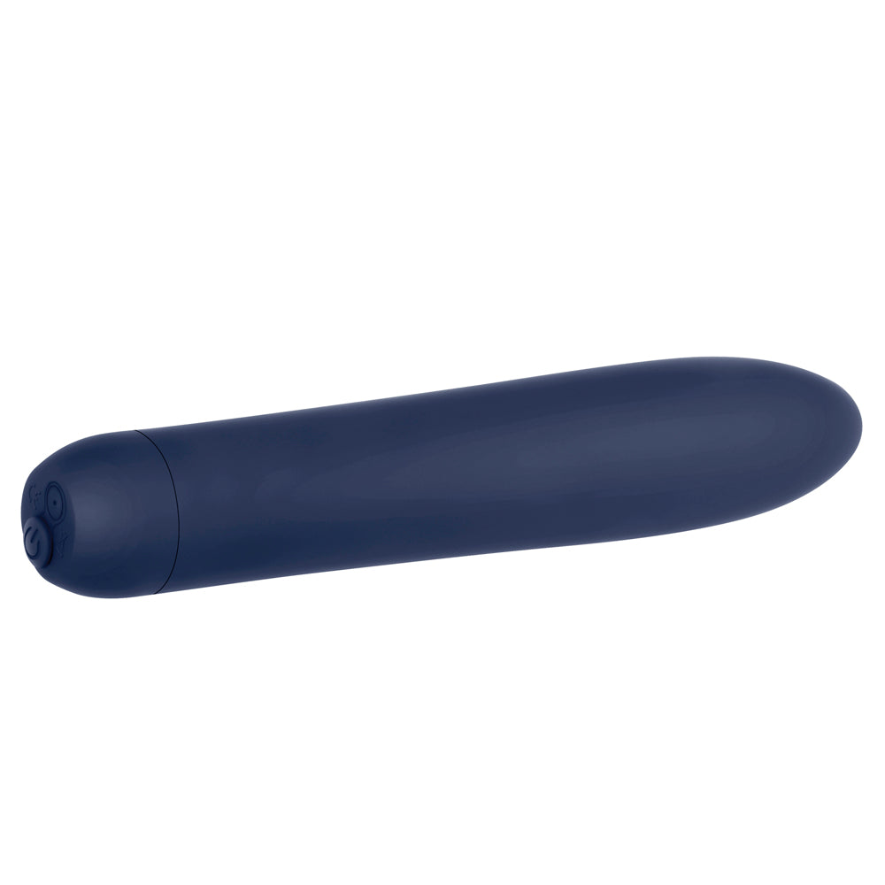 Straight Forward Rechargeable Silicone Vibrator Blue on a white background, showcasing its sleek and smooth design.