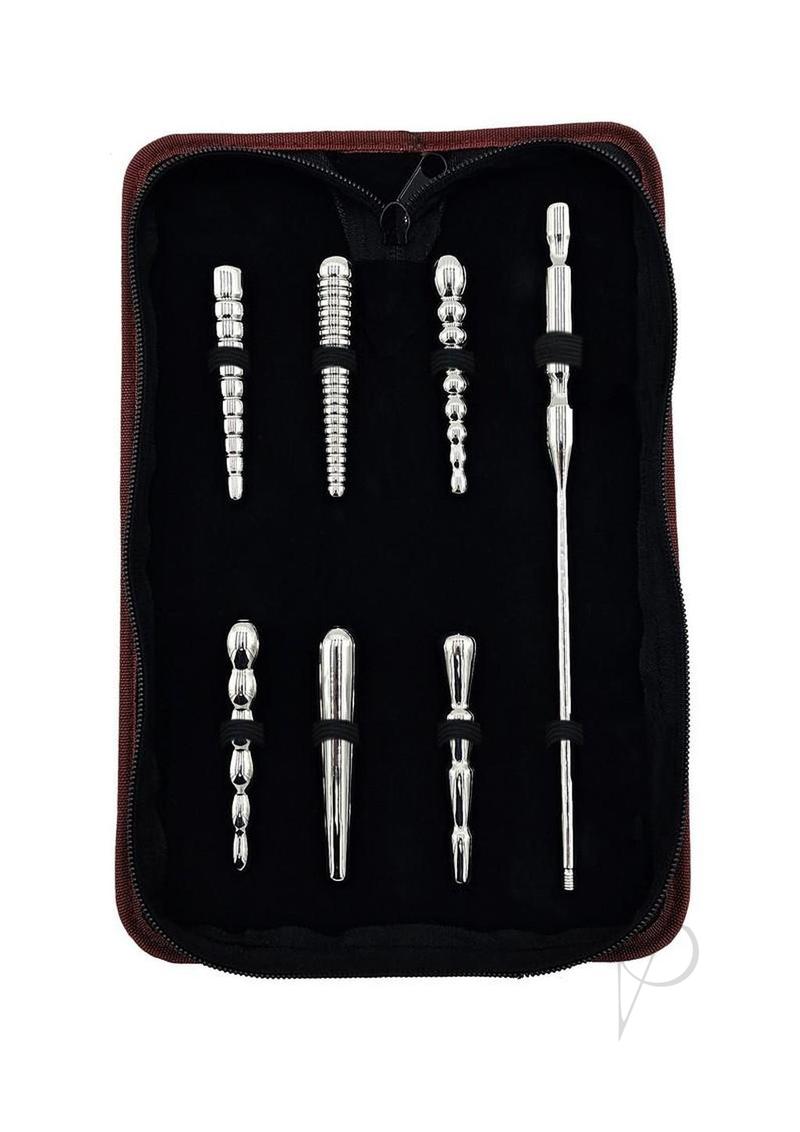 Rouge Stainless Steel Penis Plug Set with Handle Silver displayed in a case with six interchangeable shafts for urethral play.