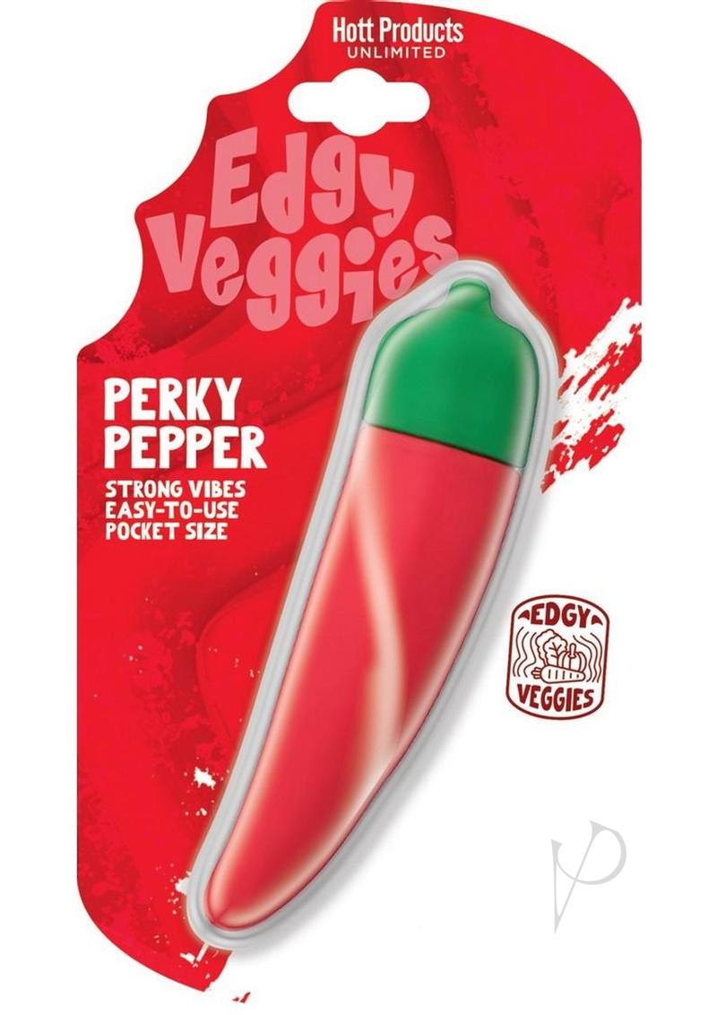 Edgy Veggies Perky Pepper Silicone Vibrator Red Green in packaging, bright red and green design, playful and compact.