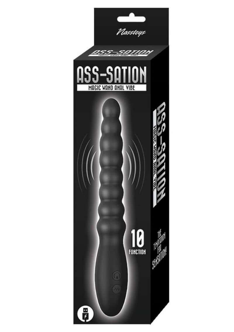 Ass-Sation Magic Wand Silicone Anal Vibrator Black packaging displaying 10 function settings and softly ribbed design.