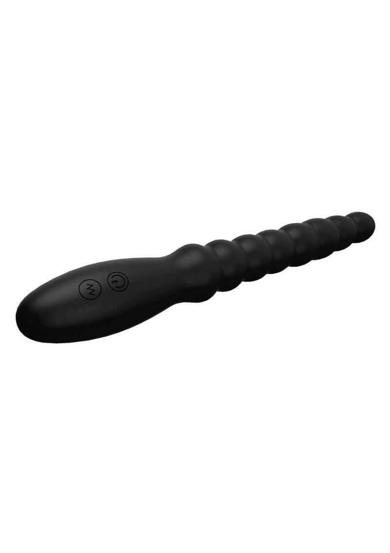 Ass-Sation Magic Wand Silicone Anal Vibrator Black with ribbed design and buttons for customizable stimulation.