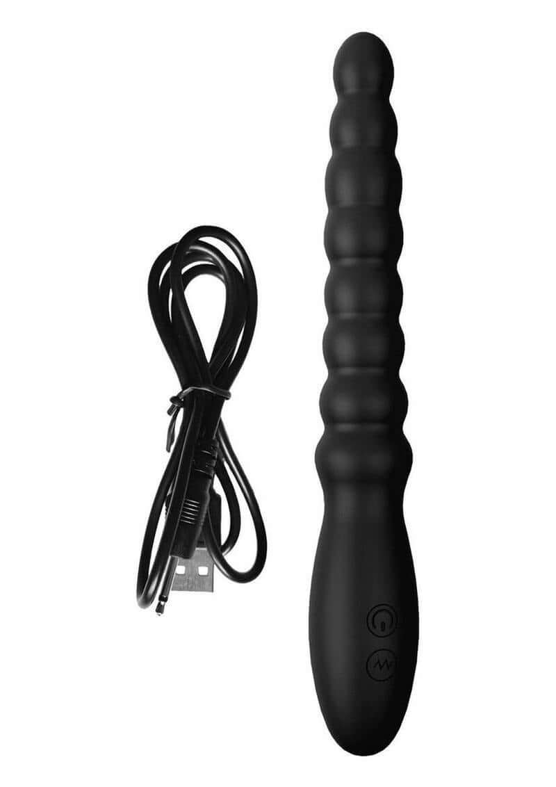 Ass-Sation Magic Wand Silicone Anal Vibrator Black with USB charging cable, designed for customizable stimulation.