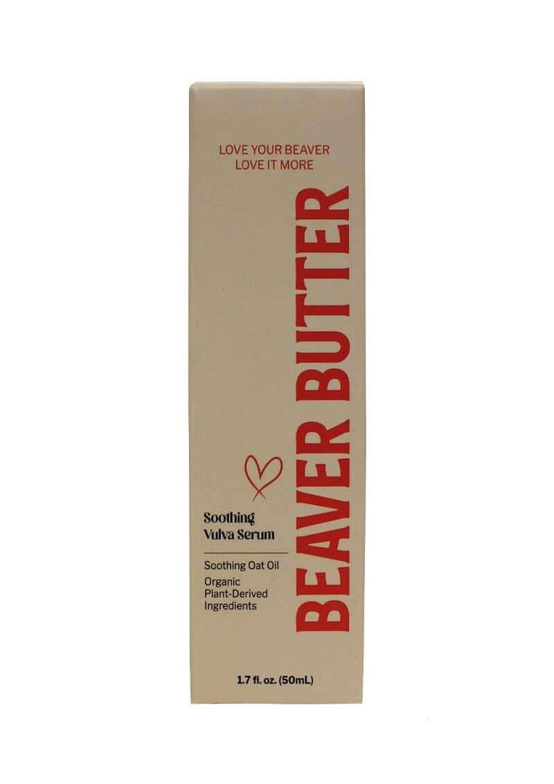 Beaver Butter Vulva Soothing Serum 50 ml packaging showcasing organic ingredients for comfort and hydration.