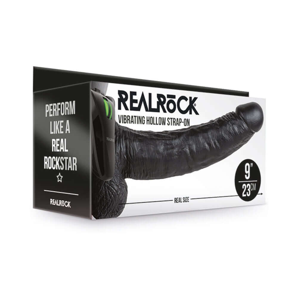 RealRock Realistic 9 inch Vibrating Hollow Strap-On With Balls Black packaging showcasing its features and size.