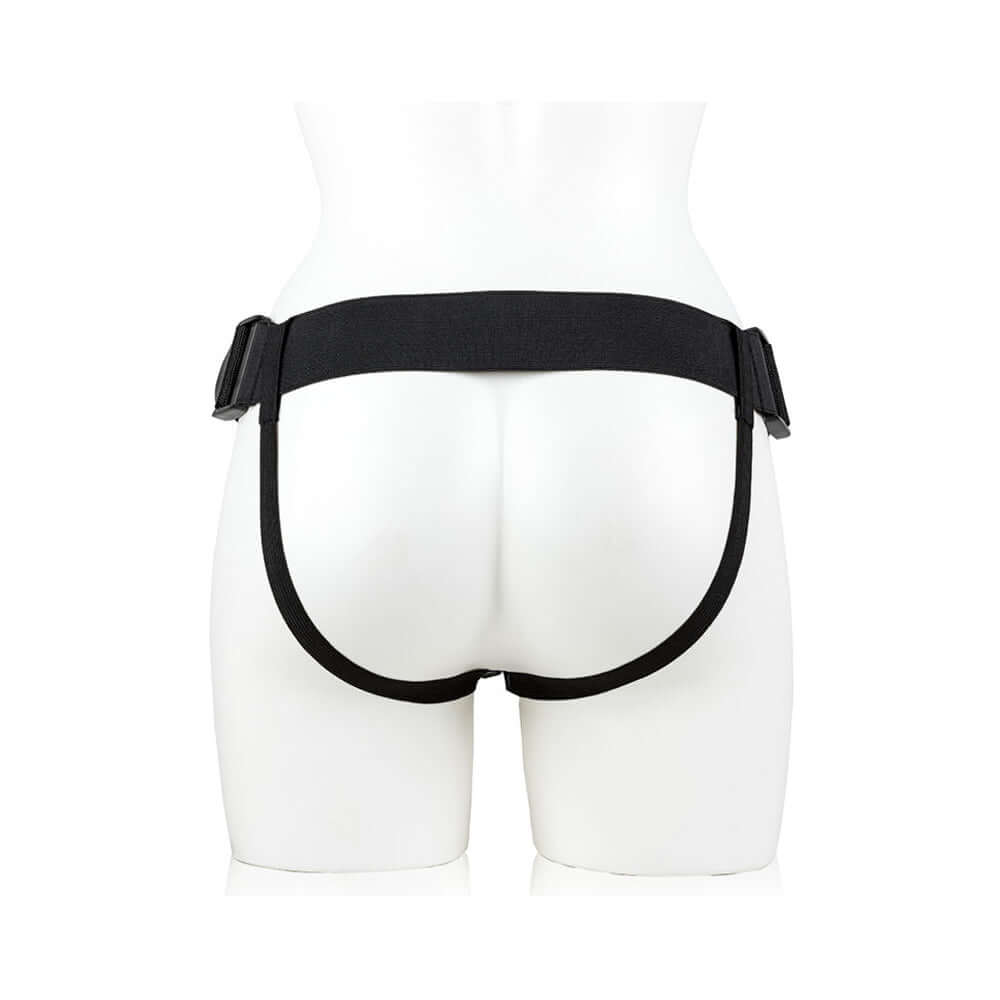 RealRock Realistic 9 inch Vibrating Hollow Strap-On With Balls Black back view on mannequin