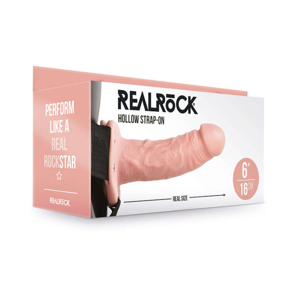 RealRock Realistic 6 inches Hollow Strap-On Beige packaging showing realistic design and size for intimate use.