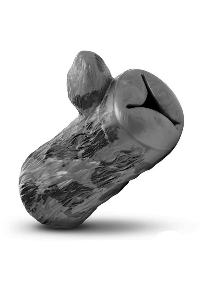 Creature Cocks She Wolf Silicone Stroker featuring a black and silver wolf design for an immersive experience.