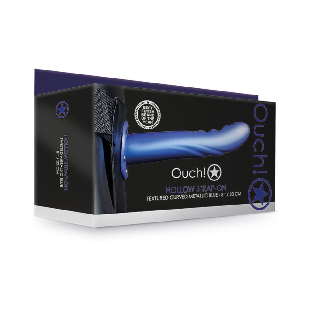 Ouch! Textured Curved 8 inches Hollow Strap-On Metallic Blue