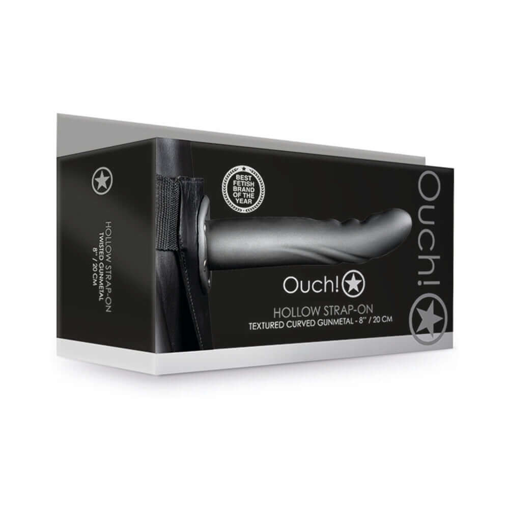 Ouch! Textured Curved 8 in. Hollow Strap-On Gunmetal
