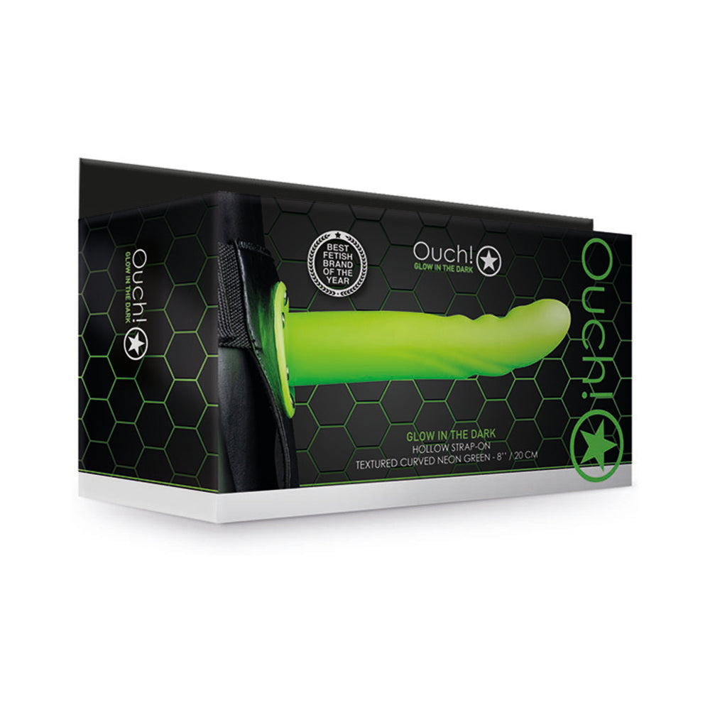 Ouch! Textured Curved 8 inches Glow in the Dark Hollow Strap-On Neon Green