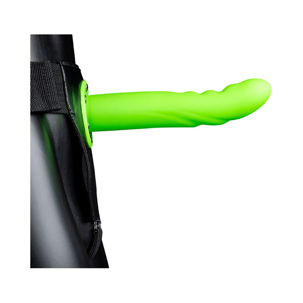 Ouch! Textured Curved 8 inches Glow in the Dark Hollow Strap-On Neon Green