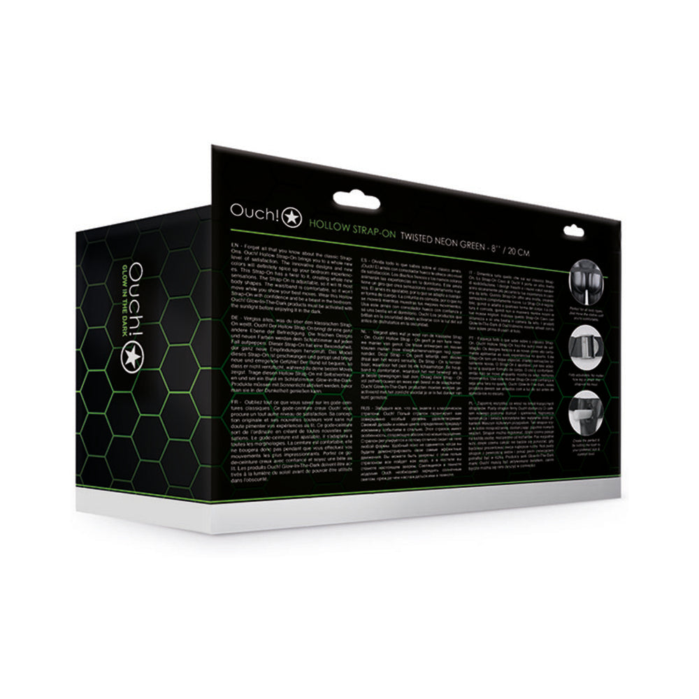 Ouch! Textured Curved 8 inches Glow in the Dark Hollow Strap-On Neon Green