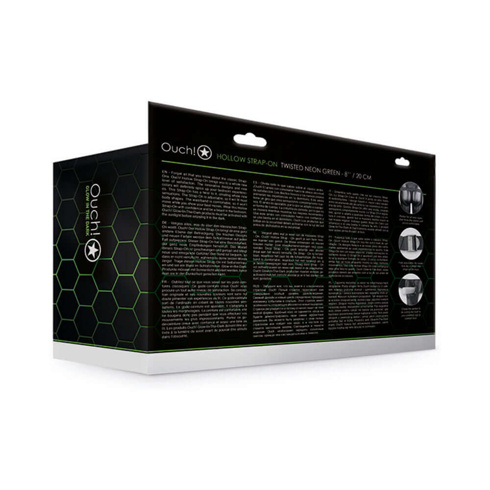 Ouch! Textured Curved 8 inches Glow in the Dark Hollow Strap-On Neon Green