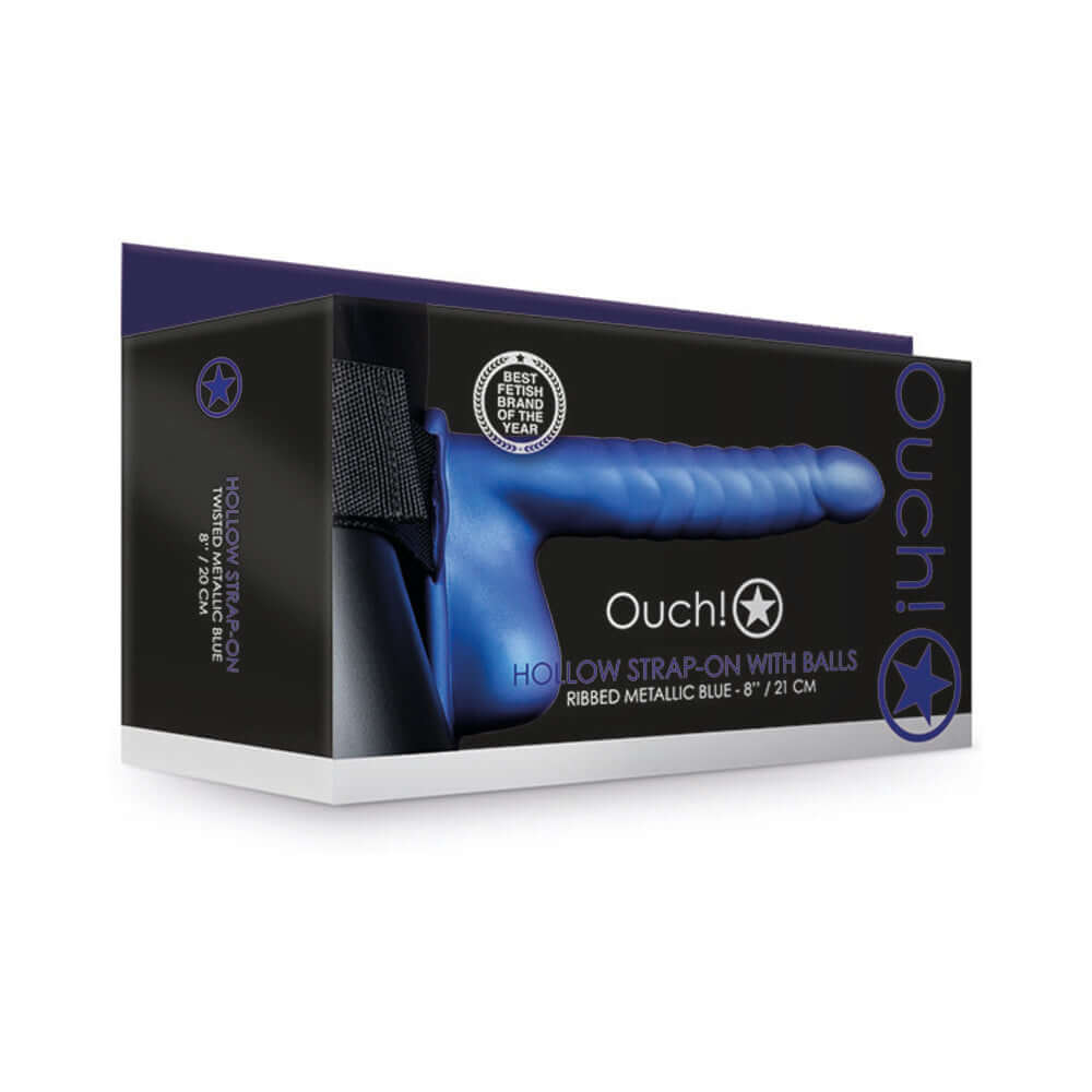 Ouch! Ribbed 8 inches Hollow Strap-On with Balls Metallic Blue