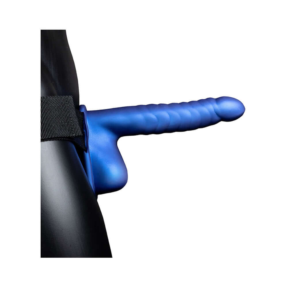 Ouch! Ribbed 8 inches Hollow Strap-On with Balls Metallic Blue