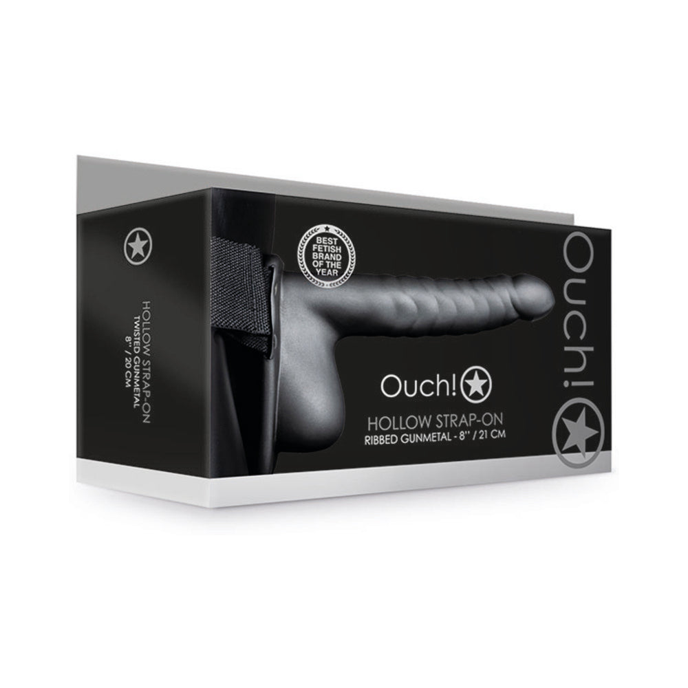 Ouch! Ribbed 8 inches Hollow Strap-On with Balls Gunmetal